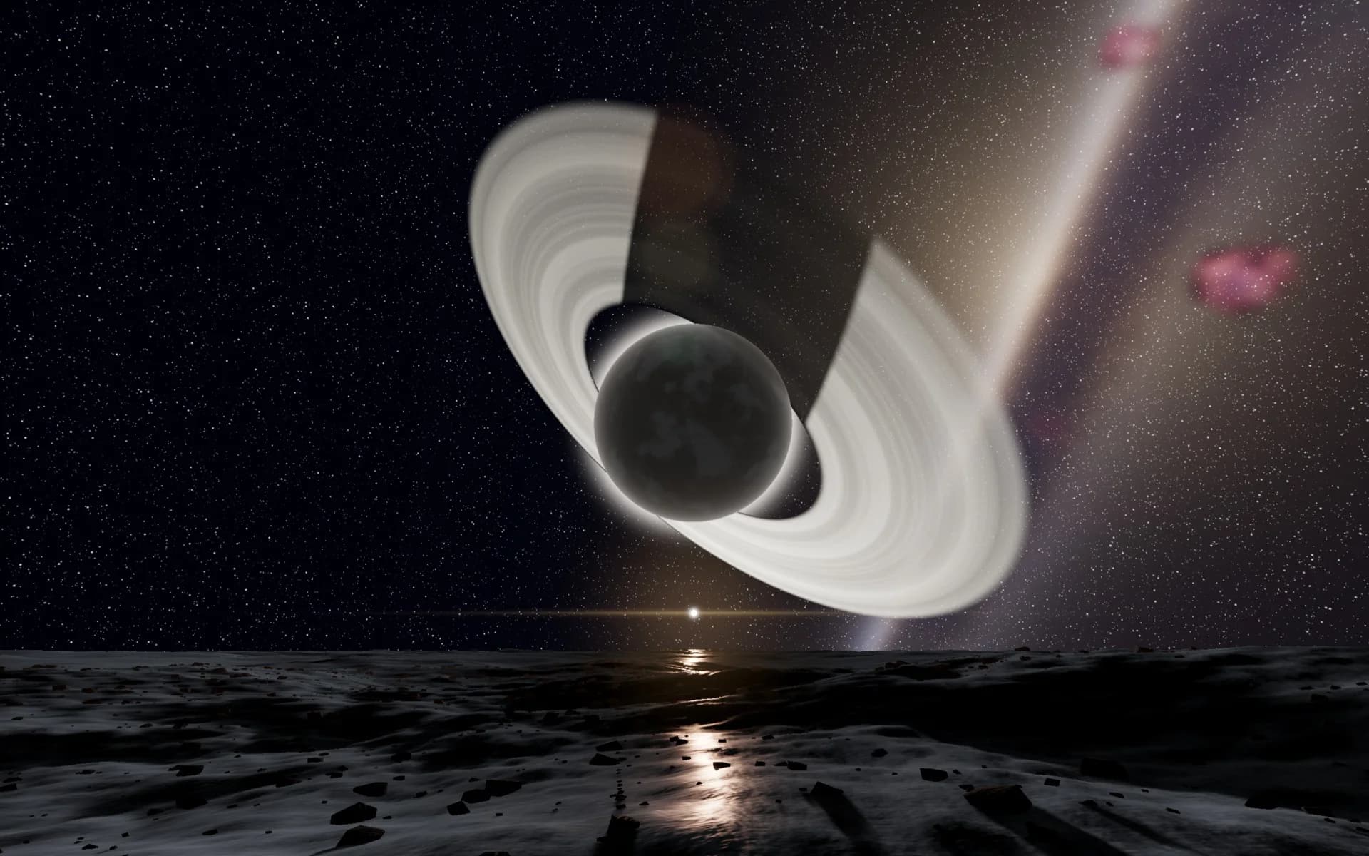 A ringed planet and moon above a rocky surface in Wif